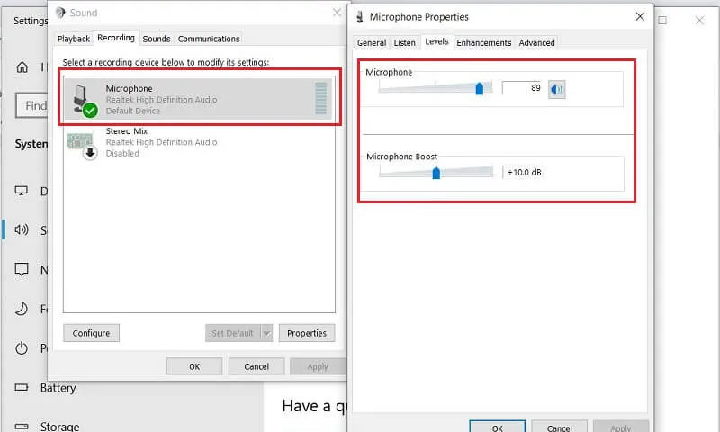 Giao diện cài đặt thuộc tính Microphone trong Sound Control Panel, hiển thị tab Levels và mục Microphone/Microphone Boost