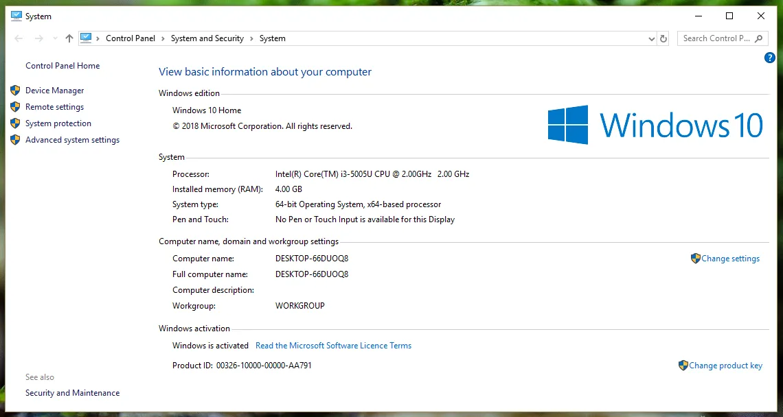 Giao diện hiển thị thông tin cấu hình cơ bản của laptop qua System Properties