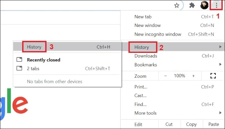 Click vào dấu ba chấm và chọn History.