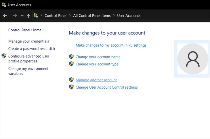 Chọn User Accounts và tiếp tục với Manage another account