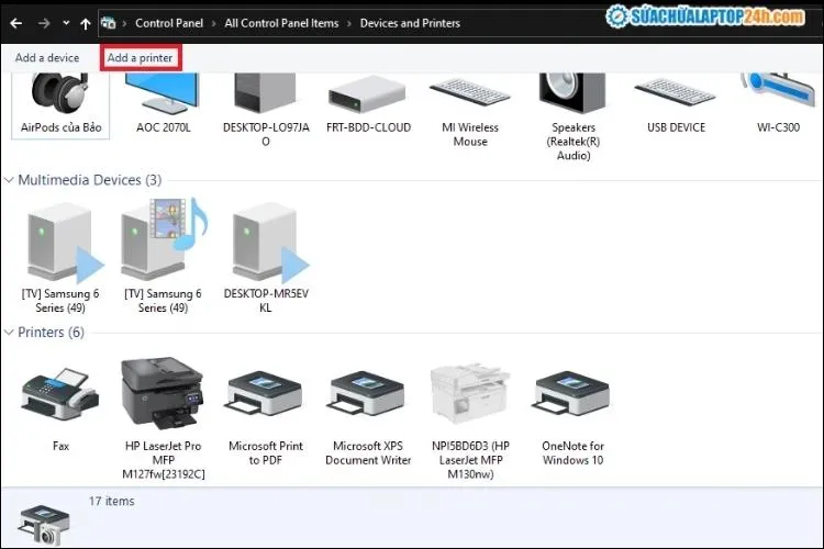Chọn Add a printer trong Devices and Printers để tìm kiếm máy in qua WiFi
