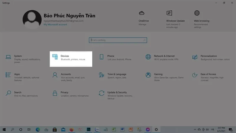 Mô tả giao diện cài đặt Devices trong Windows 10/11