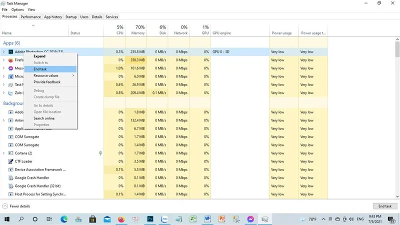 Giao diện Task Manager trên Windows hiển thị mức sử dụng CPU, RAM và Disk