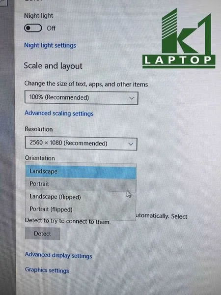 Giao diện Display Settings trên Windows 10/11 với tùy chọn Orientation