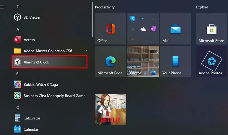Giao diện tìm kiếm ứng dụng Báo thức và Đồng hồ trong menu Bắt đầu