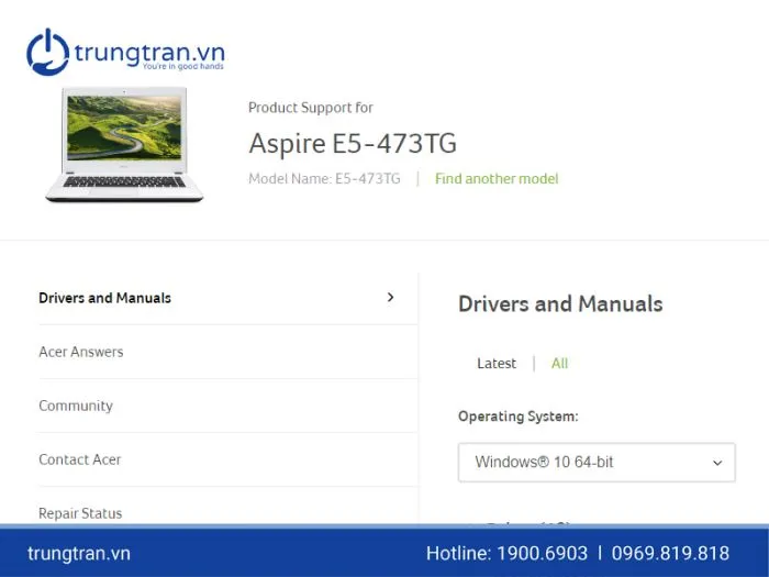 Cài đặt driver thủ công cho laptop Acer qua trang hỗ trợ