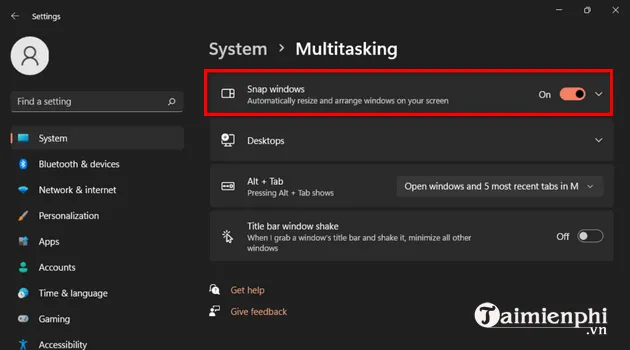 Giao diện cài đặt (Settings) của Windows 11, mục System > Multitasking