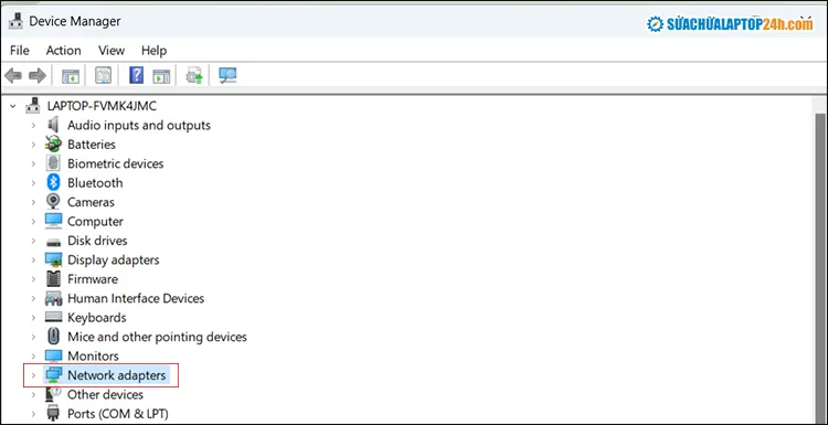 Giao diện Device Manager hiển thị danh sách Network Adapters cần thiết lập để kết nối wifi 5ghz cho laptop