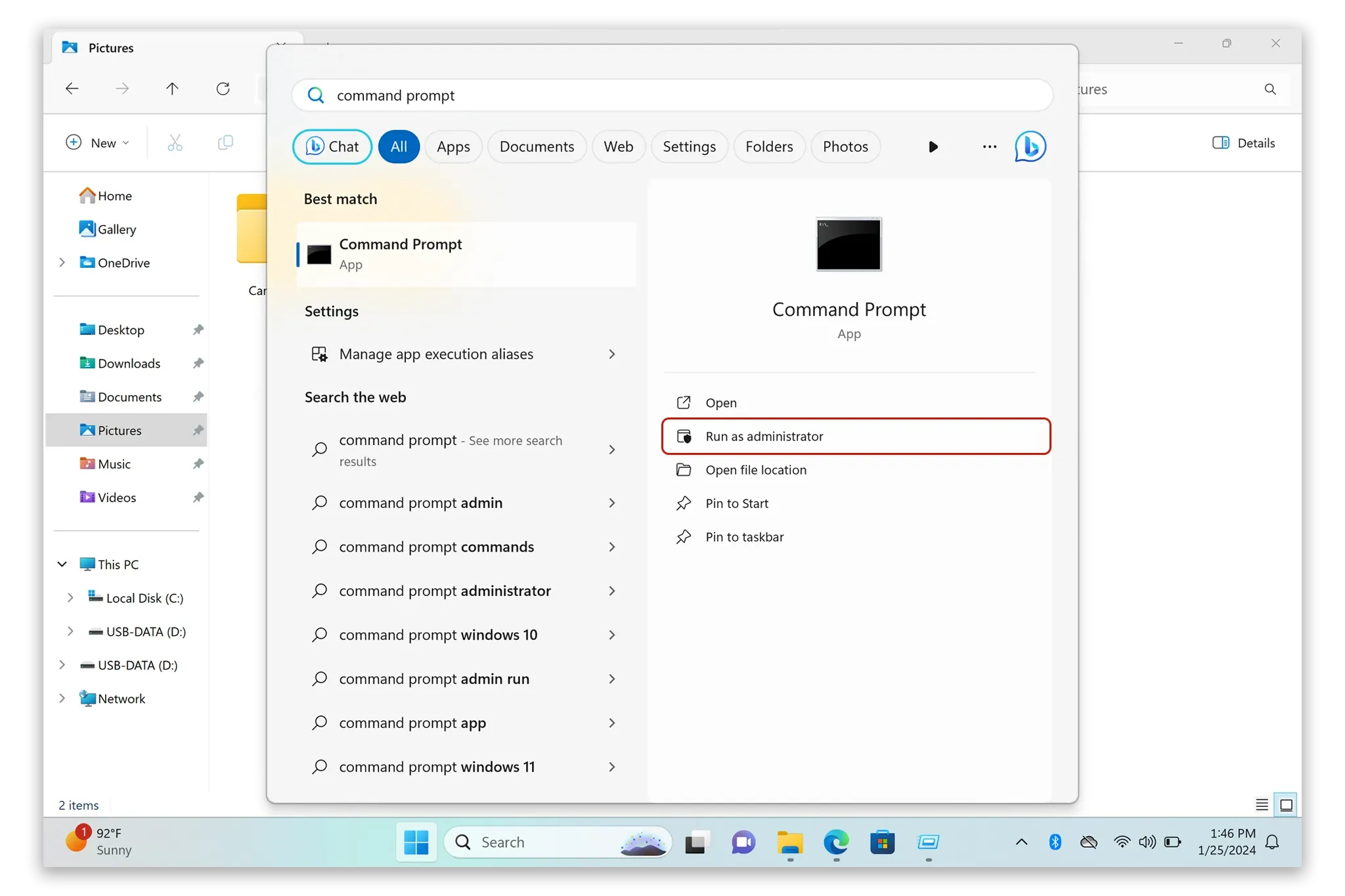 Giao diện tìm kiếm và chạy Command Prompt với quyền quản trị viên trên Windows 11