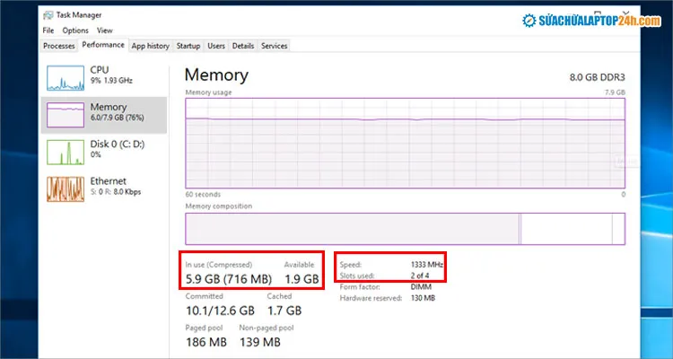 Kiểm tra thông số cơ bản của RAM bao gồm Tốc độ Bus và Slots đã sử dụng qua Task Manager