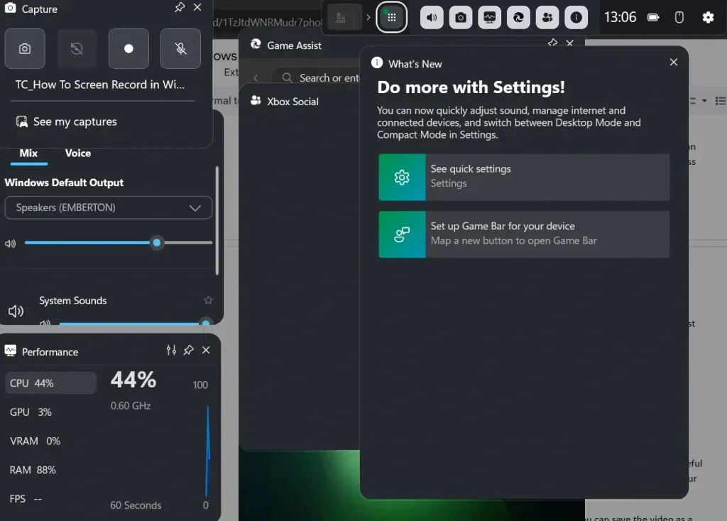 Giao diện Xbox Game Bar trên Windows hiển thị tùy chọn ghi hình