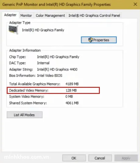 Giao diện kiểm tra VRAM thông qua Display adapter properties trên Windows