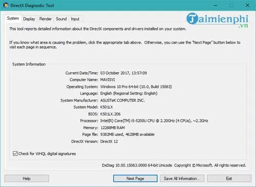Giao diện cửa sổ Dxdiag hiển thị chi tiết các thông số hệ thống cơ bản