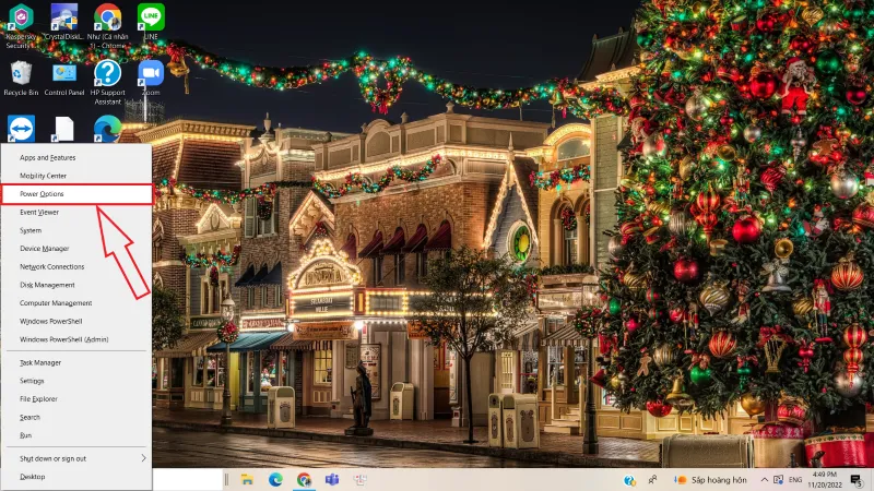 Nhấn tổ hợp Win + X và chọn mục Power Options