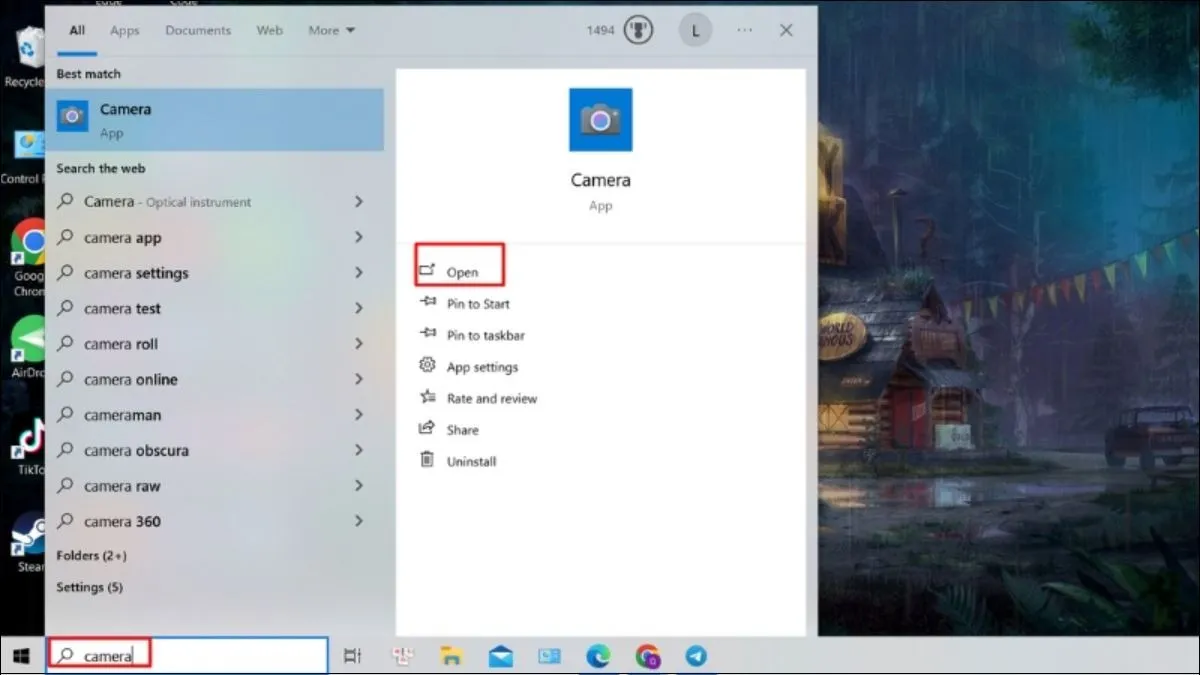 Nhập từ khóa Camera vào thanh tìm kiếm trên Windows 10 để mở ứng dụng