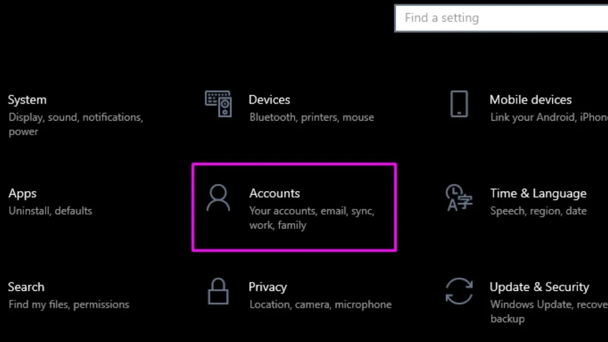 Chọn Accounts trong cửa sổ Settings