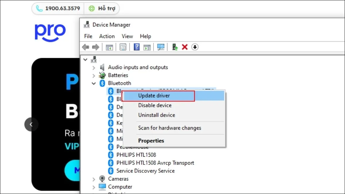 Giao diện Device Manager cho phép cập nhật hoặc gỡ cài đặt Driver Bluetooth