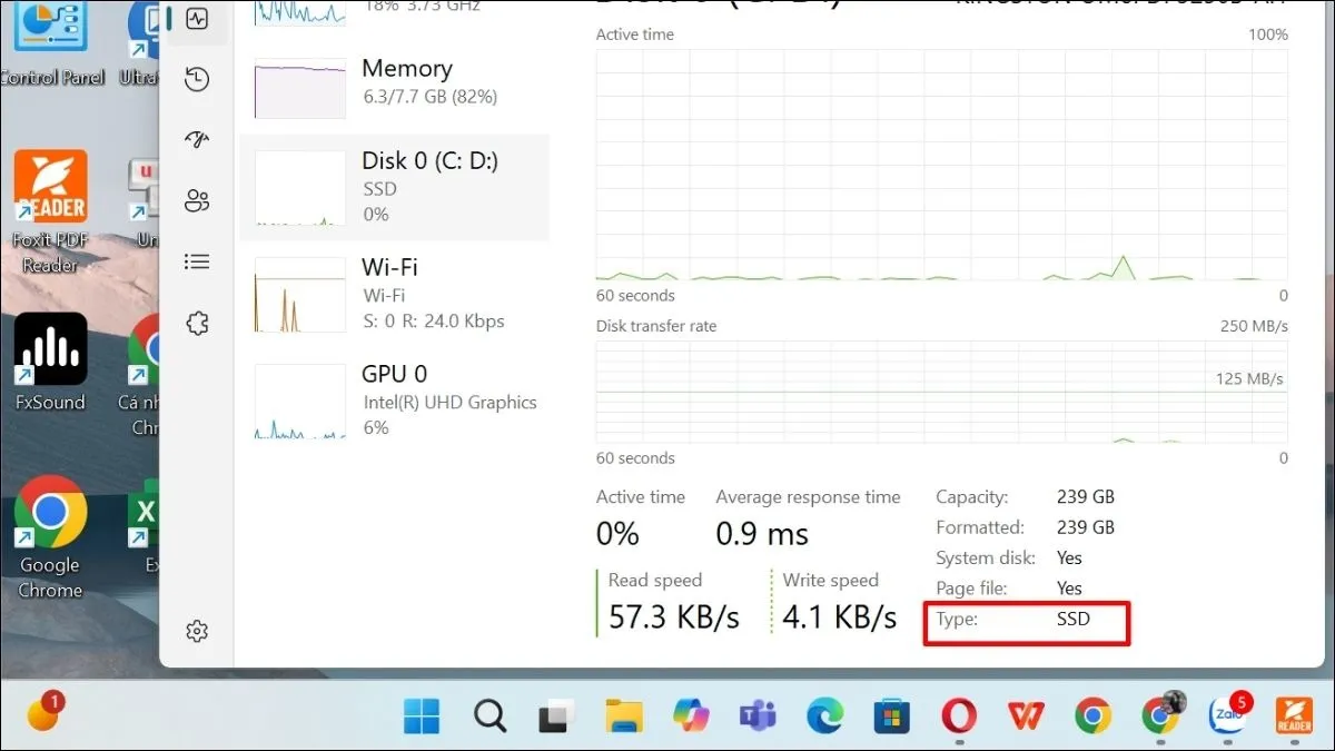 Tên ổ cứng sẽ được hiển thị là SSD hoặc HDD thông qua Task Manager