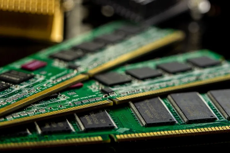 Minh họa một thanh RAM laptop (SO-DIMM) với các chip nhớ được bố trí rõ ràng