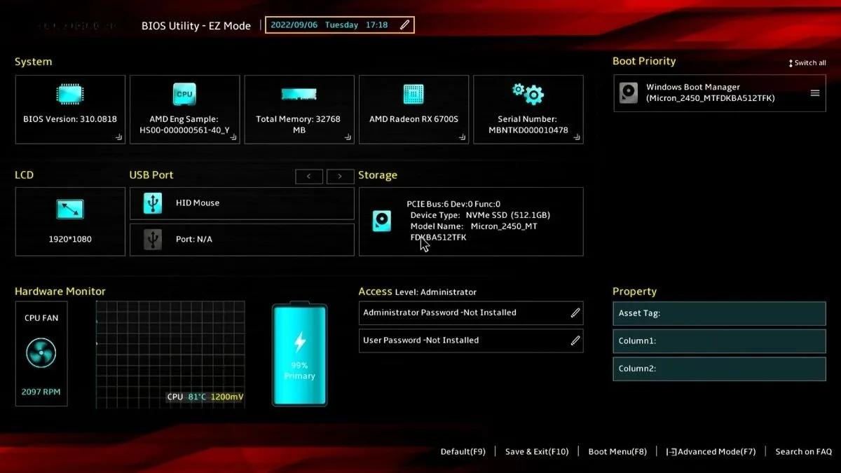 Giao diện phần mềm BIOS/UEFI trên Laptop Asus