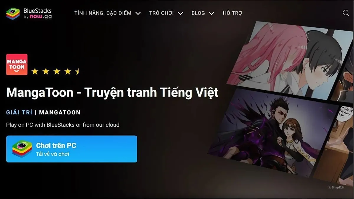 Giao diện MangaToon hiển thị trên màn hình laptop lớn với chất lượng hình ảnh sắc nét