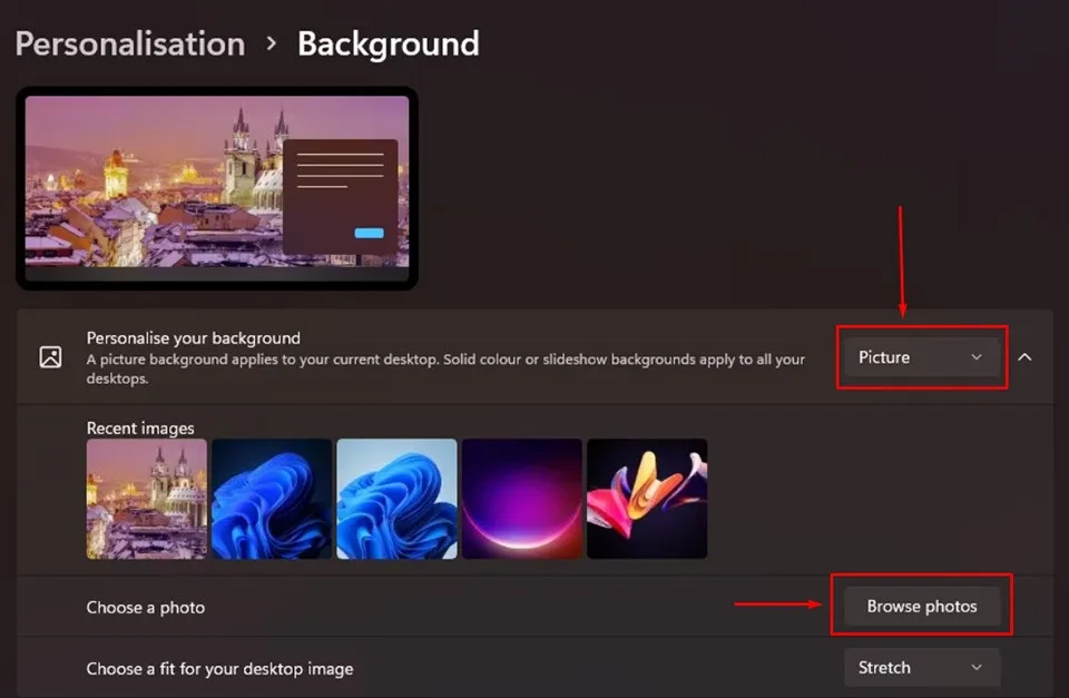 Cài đặt hình nền laptop Win 11 qua mục Background trong Settings.
