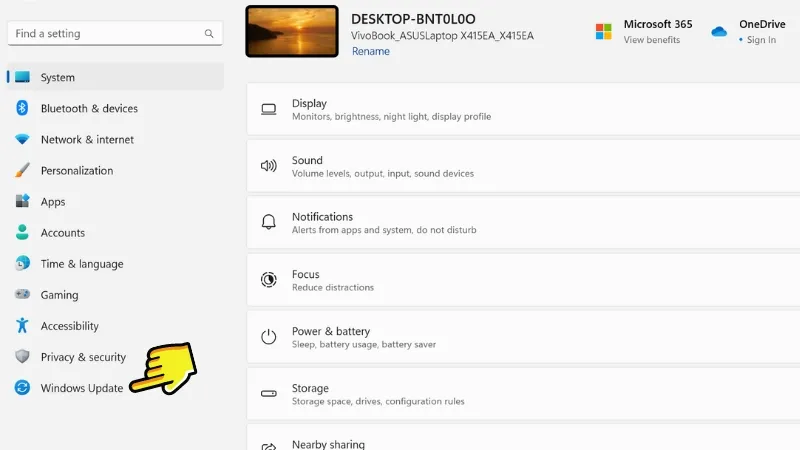 Màn hình Settings, chọn Windows Update