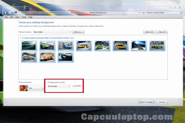 Giao diện cài đặt hình nền Personalization trên Windows, hiển thị tùy chọn Background và Slideshow