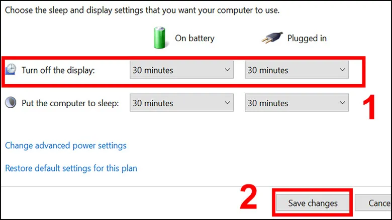 Giao diện tùy chỉnh thời gian tắt màn hình laptop qua Power Options