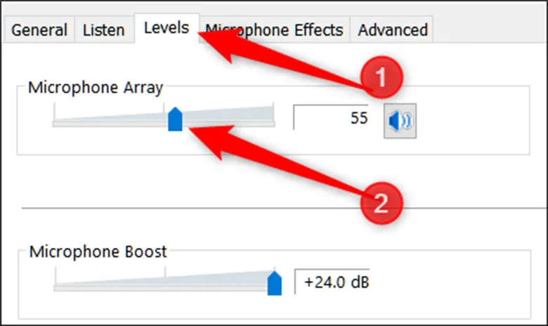 Giao diện Sound Levels điều chỉnh Microphone và Micro Boost trên Windows