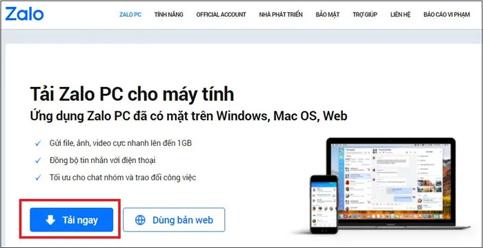Giao diện trang chủ Zalo hiển thị nút Tải ngay cho laptop Dell