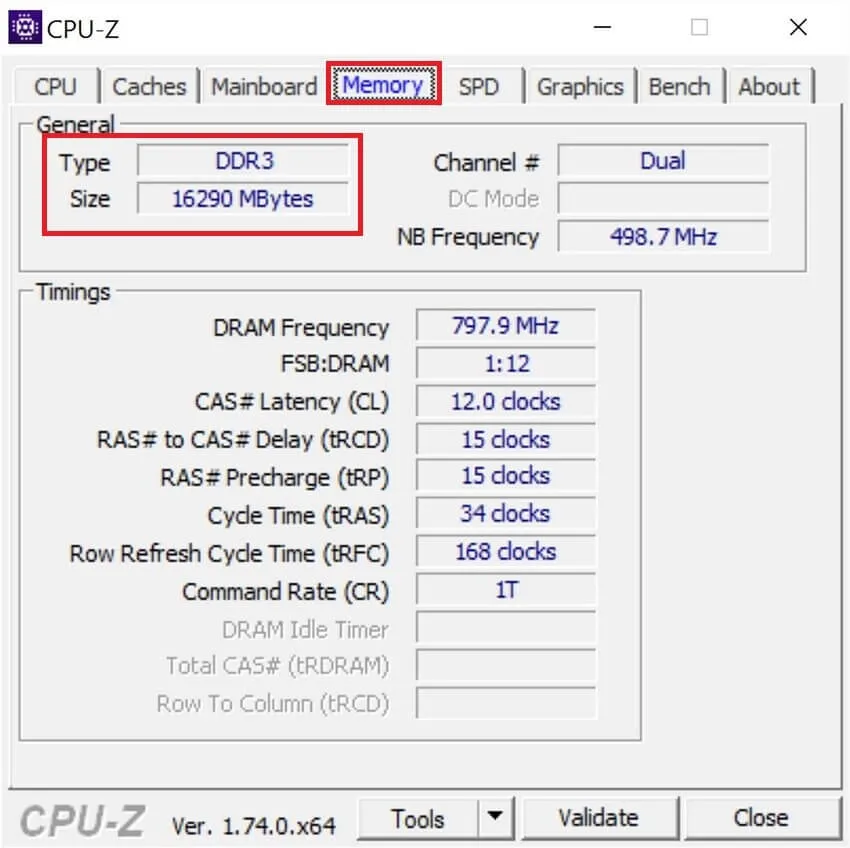 Giao diện phần mềm CPU-Z hiển thị chi tiết thông số bộ nhớ RAM ở tab Memory