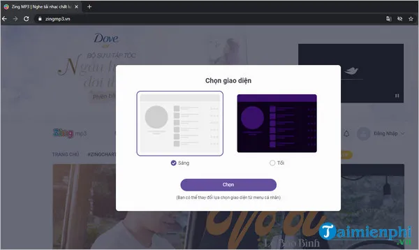 Giao diện website Zing MP3 trên trình duyệt web