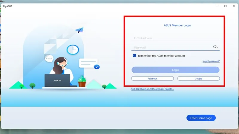 Màn hình đăng nhập ứng dụng MyASUS bằng tài khoản thành viên hoặc các nền tảng xã hội, bước quan trọng để kiểm tra laptop asus
