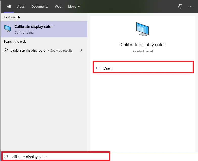 Mô tả giao diện tìm kiếm và khởi chạy công cụ Calibrate display color trên Windows 10