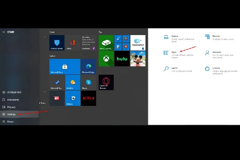Mô tả quy trình truy cập Settings và chọn Apps trên hệ điều hành Windows để cài đặt Wireless Display