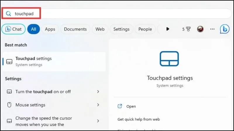 Cách tắt chuột cảm ứng trên laptop Asus bằng cách tìm kiếm Touchpad Settings