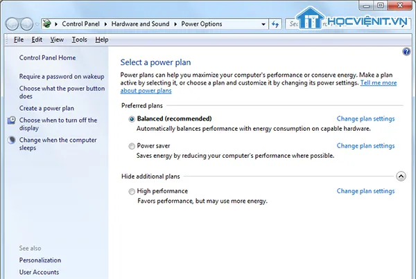 Cửa sổ Power Option và lựa chọn Select a power plan