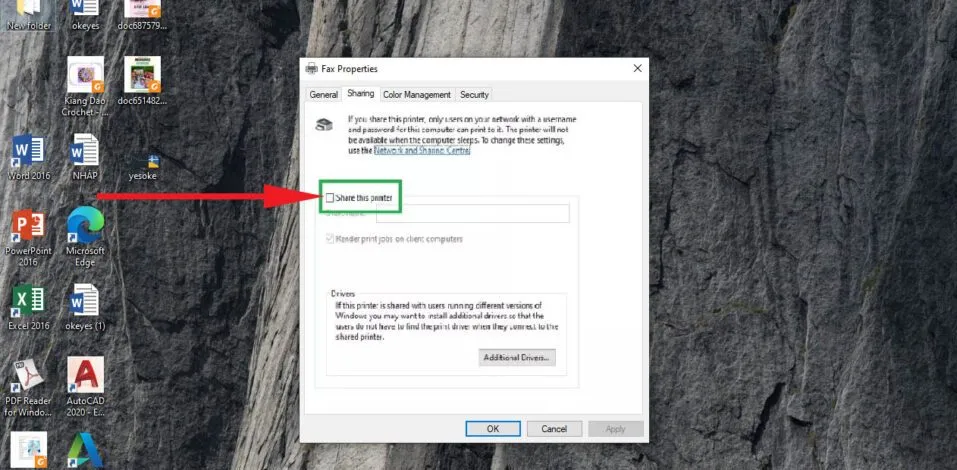 Giao diện tùy chọn chia sẻ máy in trong hộp thoại Printer Properties