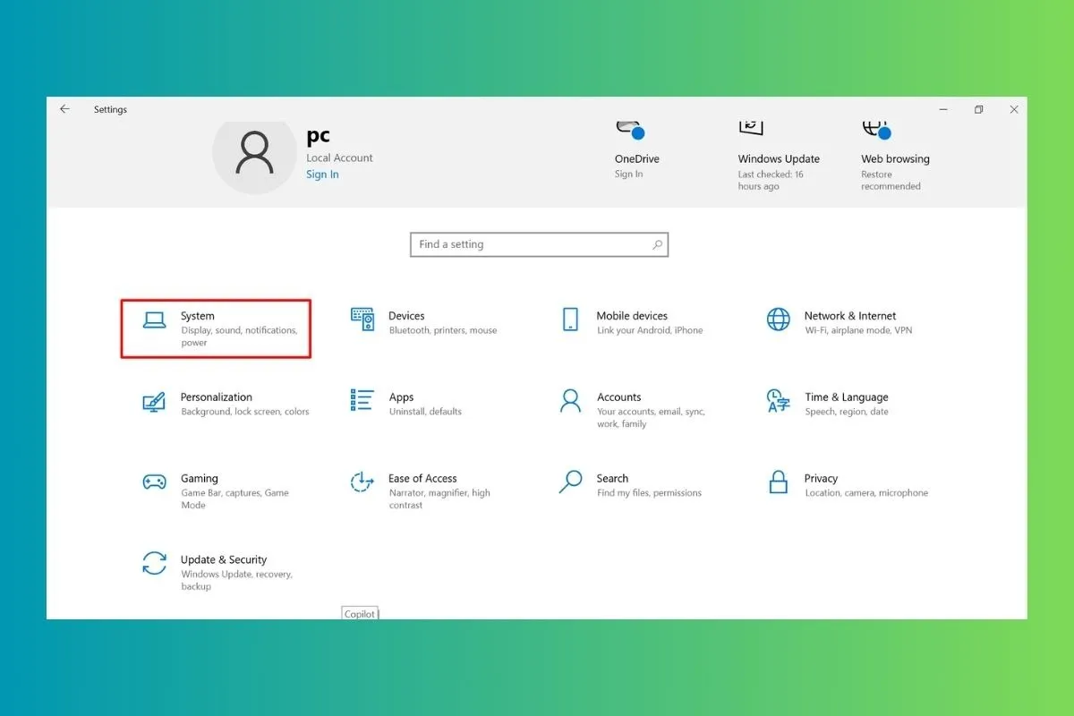 Giao diện Windows Settings, chọn System để điều chỉnh độ sáng laptop