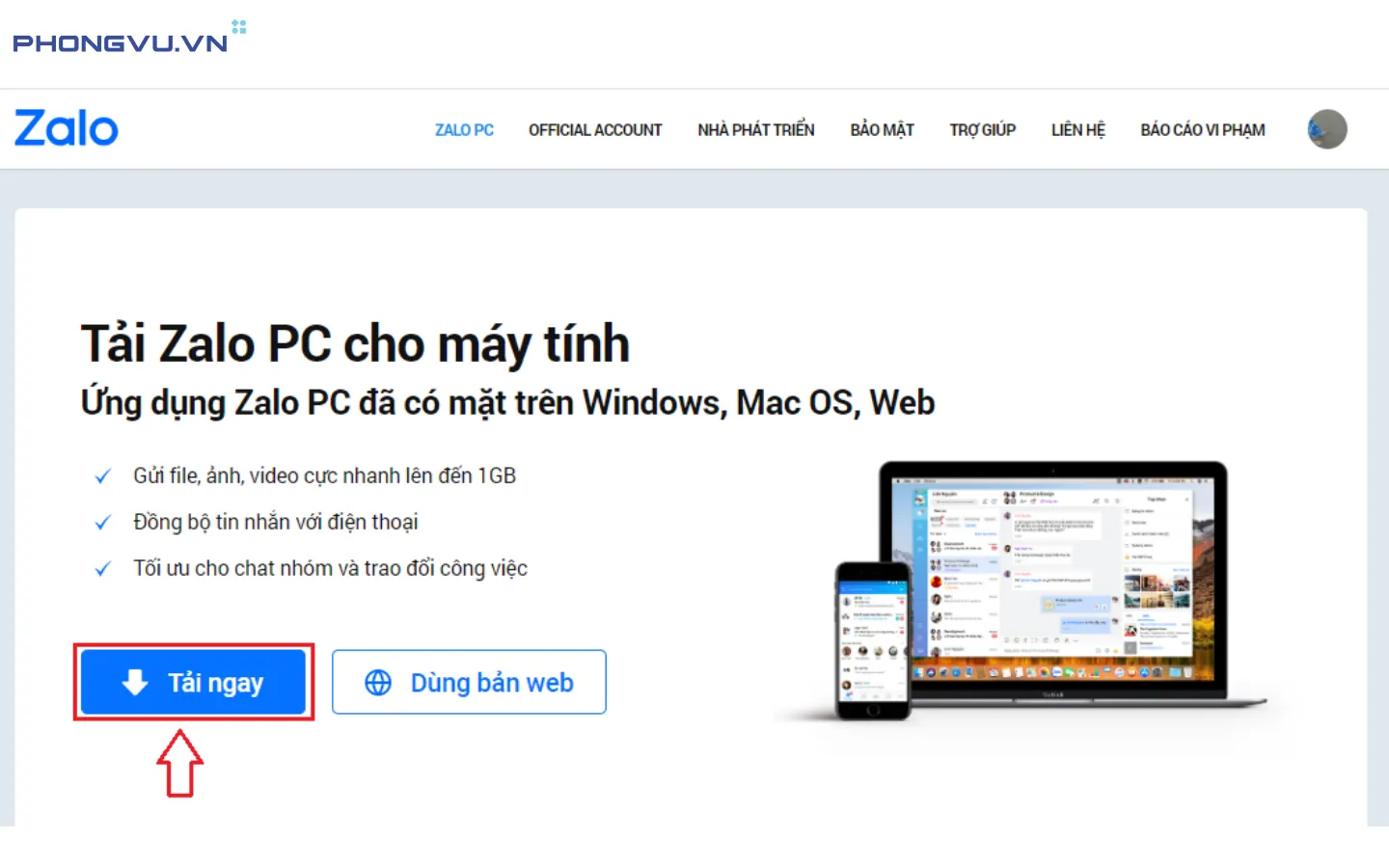 Giao diện trang web Zalo PC với nút Tải ngay