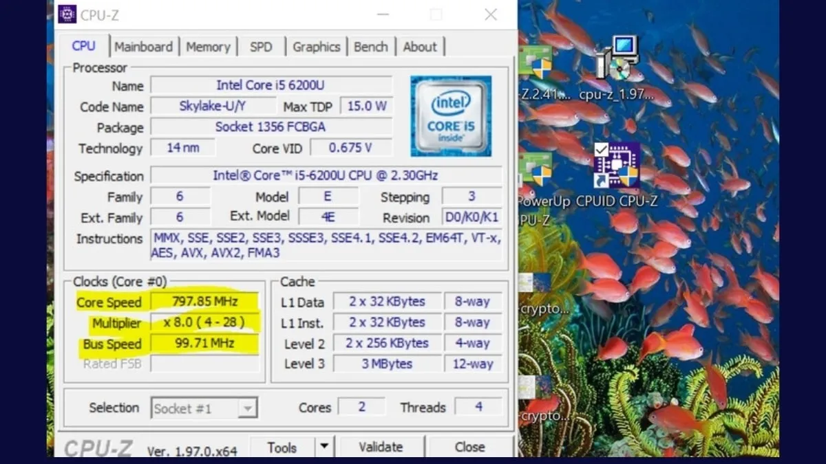 Giao diện CPU-Z hiển thị thông số Core Speed và Bus Frequency