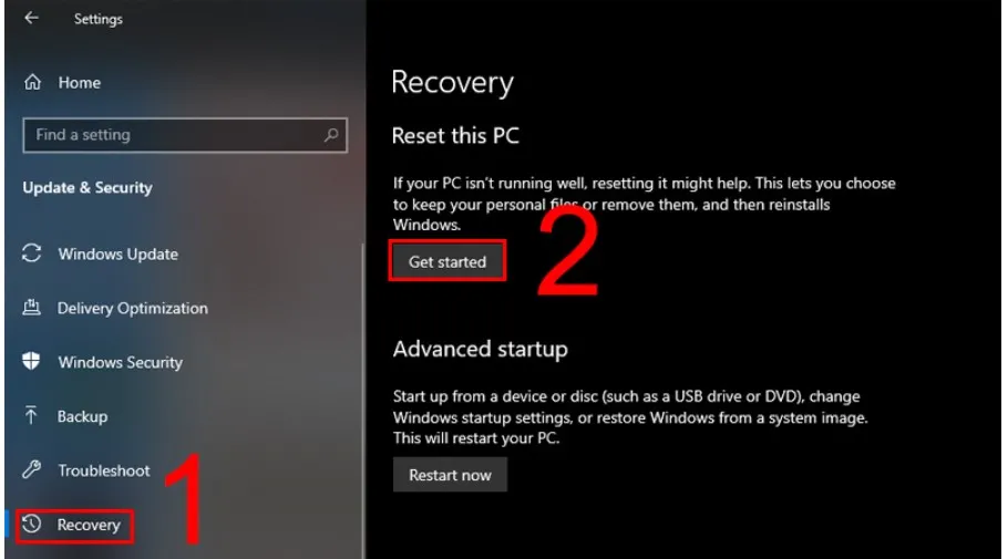 chọn Get started trong phần Reset this PC.