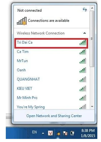 Màn hình hiển thị danh sách các mạng Wifi có thể kết nối
